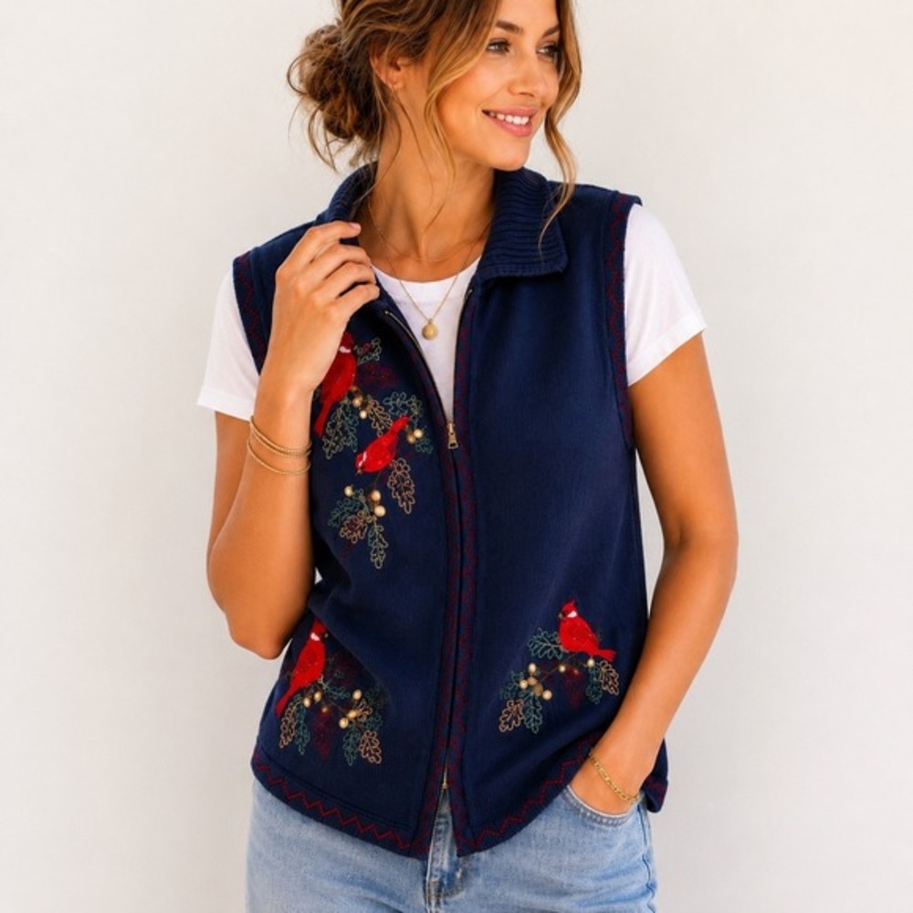 Vintage Cardinal Bird Embroidered Zip‎ Knit Vest Blue Cottagecore Grandmacore M